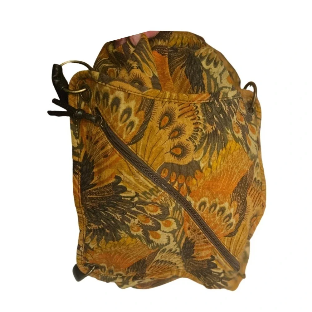 Peacock Feather Print Hobo Bag Orange Brown Tapestry Shoulder Tote